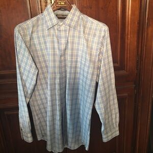 Kirkland Signature Slim Fit 100% Cotton Shirt Blue checked  Size 15 1/2 34.
